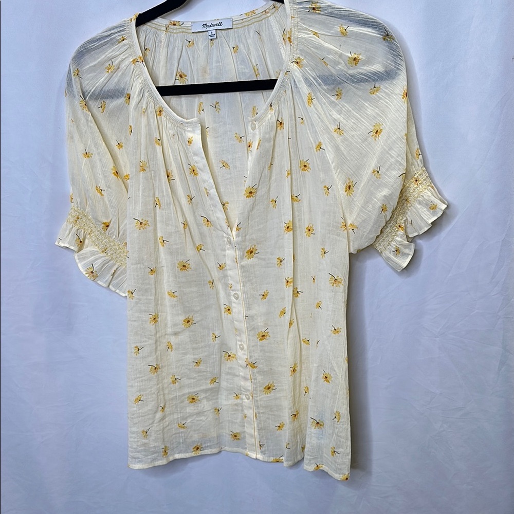 Madewell Cream Short Sleeve Floral Button Front Blouse